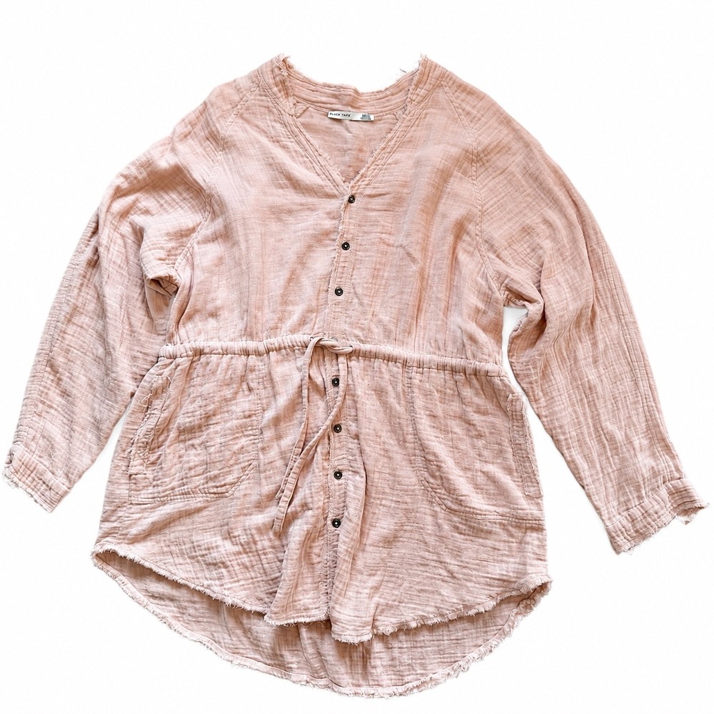 Black Tape Women M Pink Cotton Gauze Mousseline Button Down Tunic Frayed Hem Top